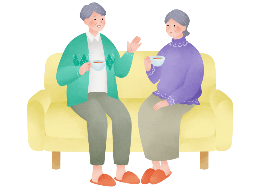 お茶を飲みながら、多発性骨髄腫患者さんの話を聞くご家族